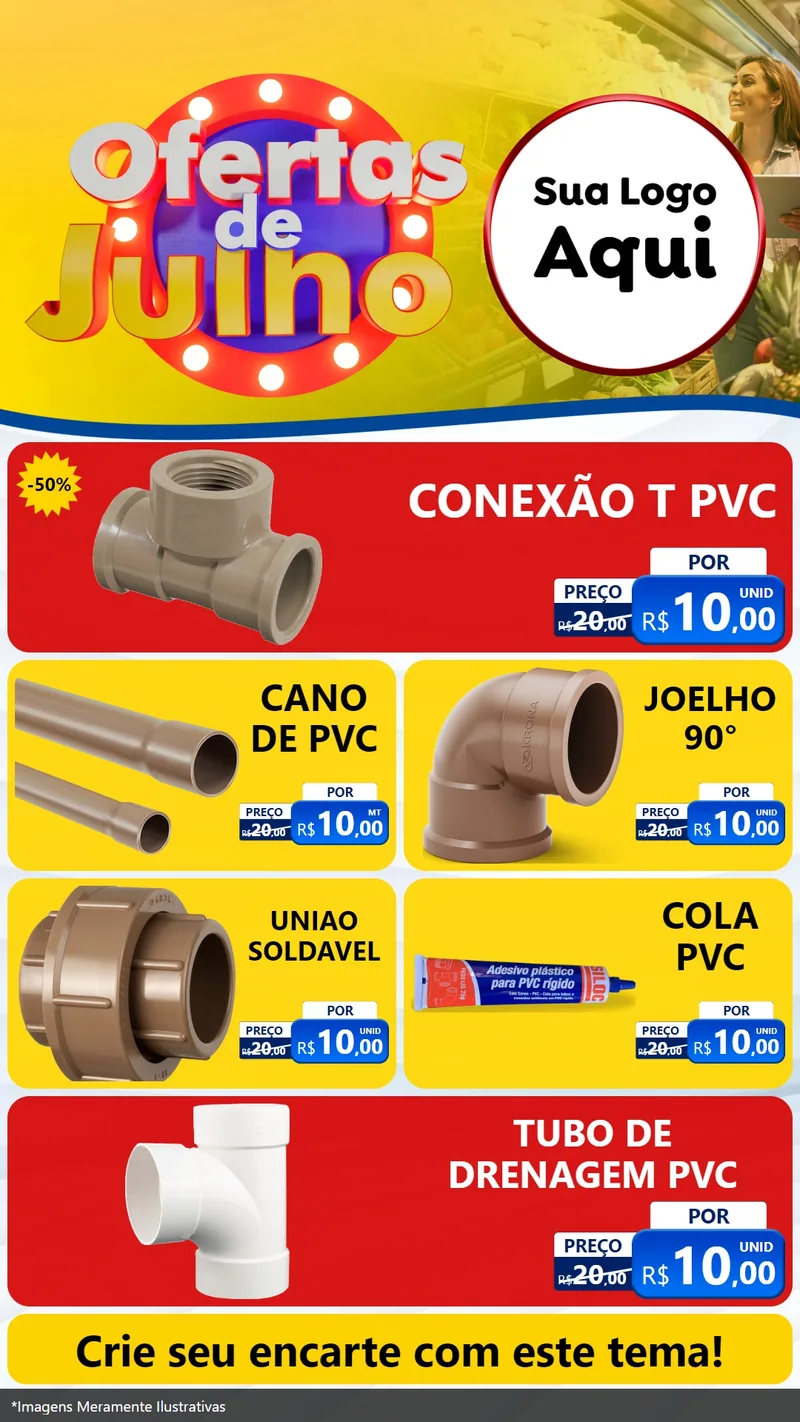 Modelo de TV para TV Vertical com o tema Ofertas de Julho para Tubos e conexões