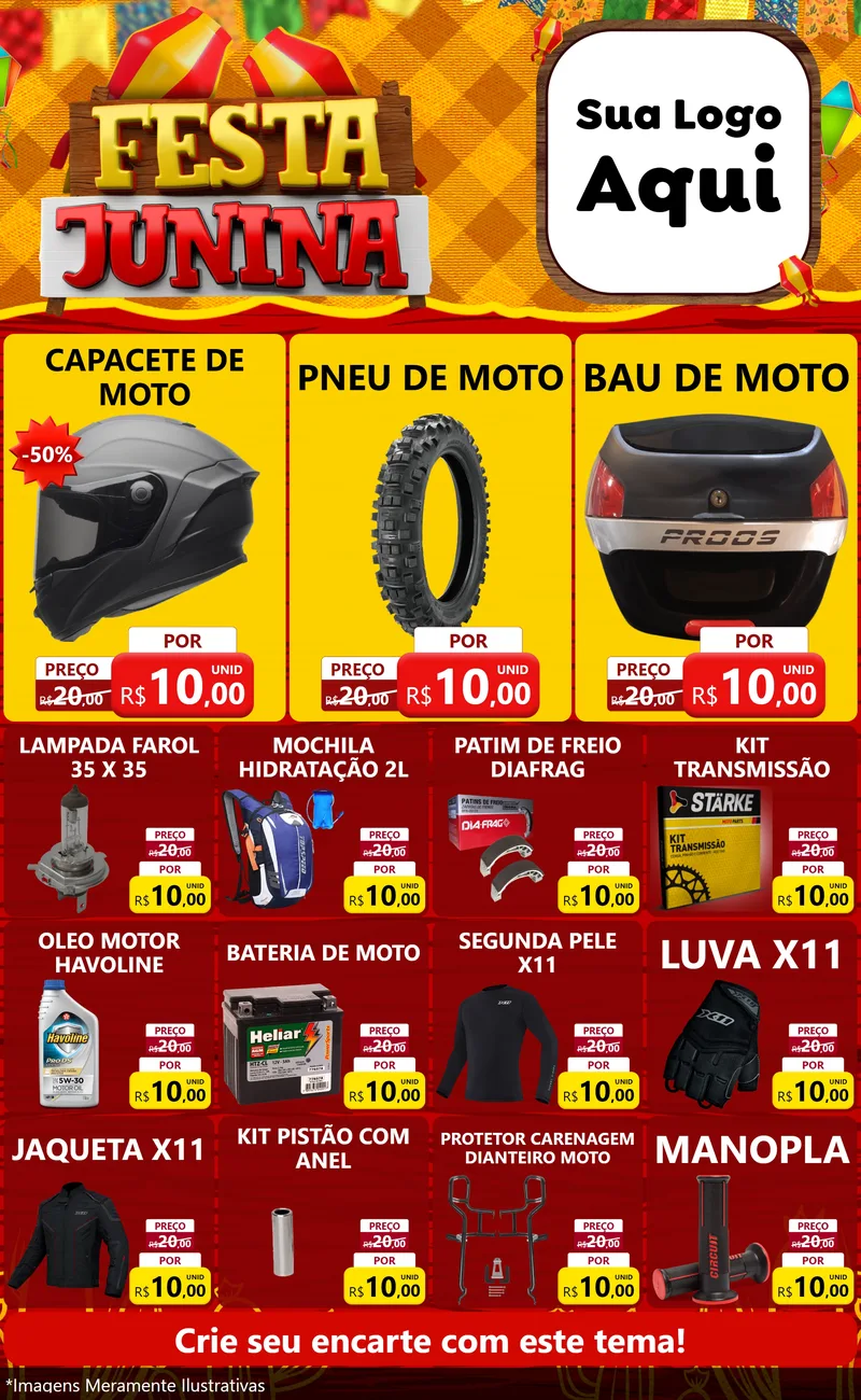 Modelo de Encarte para Encarte Grande com o tema Festa Junina para Moto peças