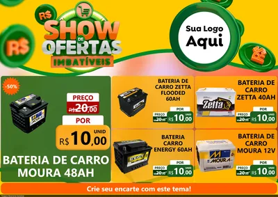 Modelo de Encarte para Encarte A4 Horizontal com o tema Show de Ofertas Imbatíveis para Baterias Elétricas