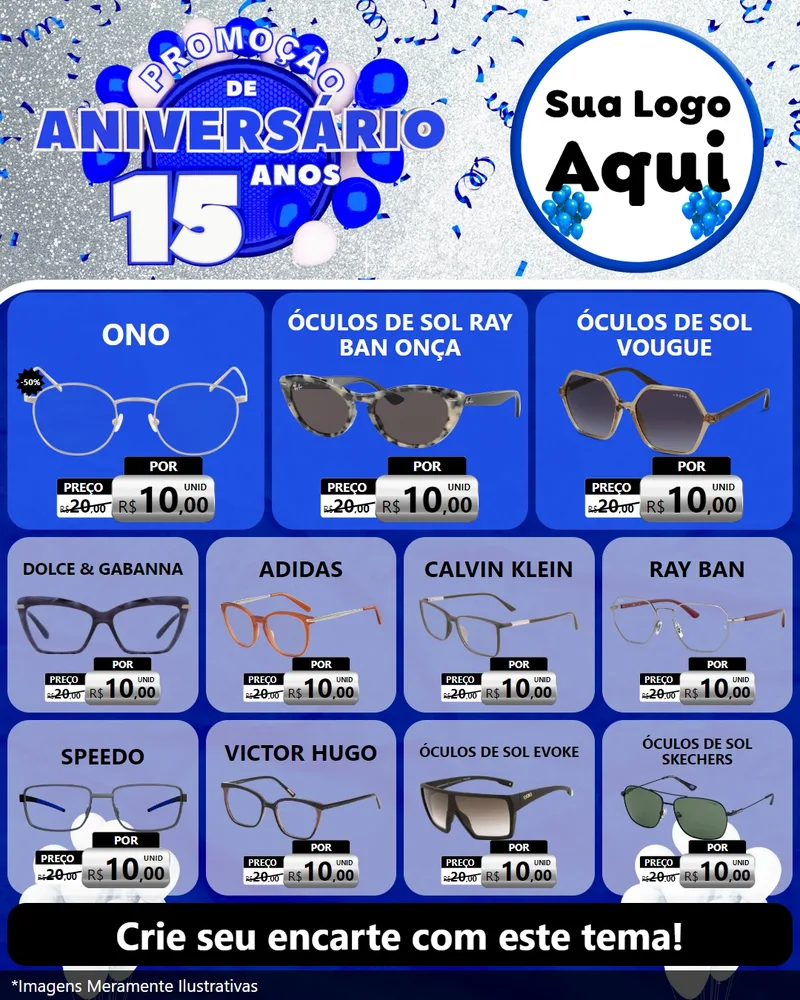 Modelo de Rede Social para Feed Instagram com o tema Promoção de Aniversário - 15 Anos para Óticas