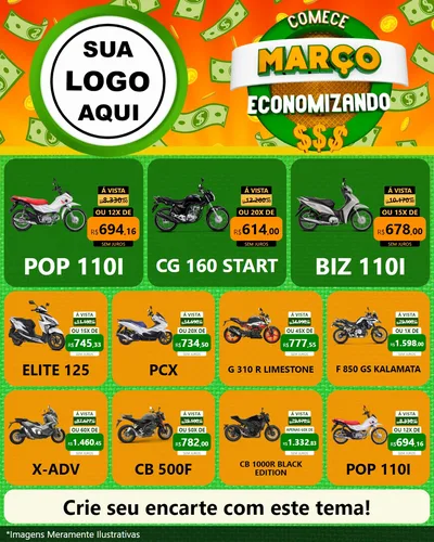 Modelo de Rede Social para Feed Instagram com o tema Comece Março Economizando para Concessionaria de Motos