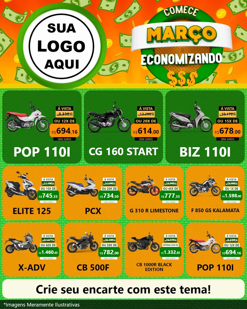 Modelo de Rede Social para Feed Instagram com o tema Comece Março Economizando para Concessionaria de Motos