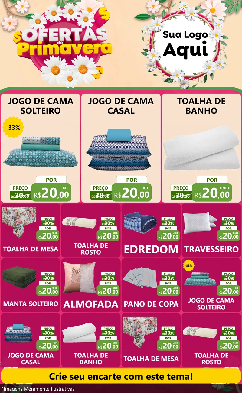 Modelo de Encarte para Encarte Grande com o tema Ofertas de Primavera para Cama, Mesa e Banho
