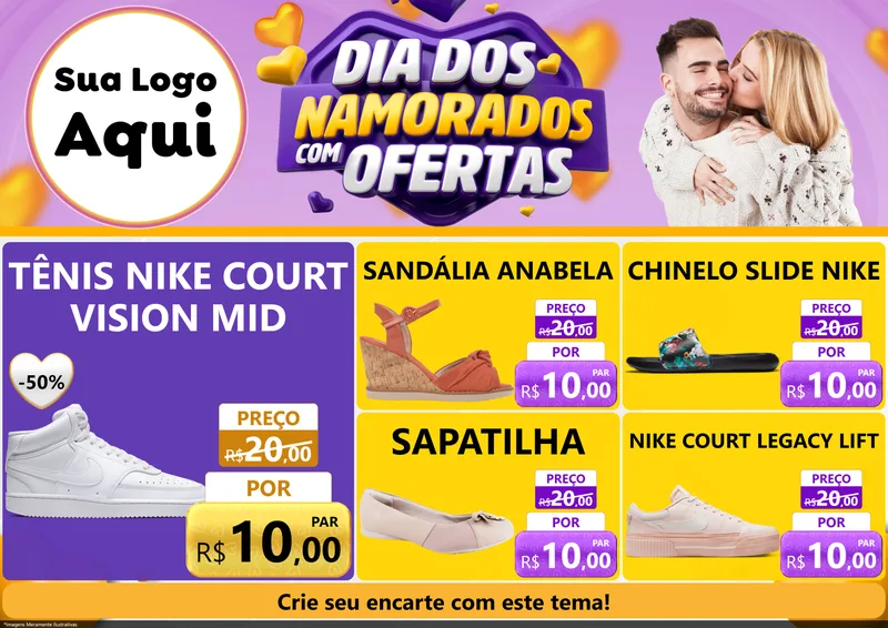 Modelo de Encarte para Encarte A4 Horizontal com o tema Dia Dos Namorados Com Ofertas para Calçados
