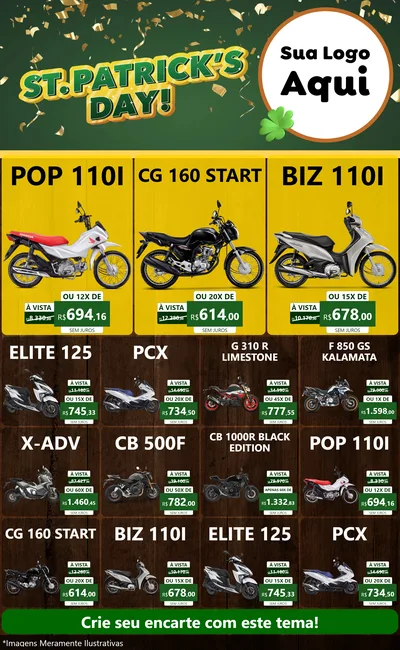 Modelo de Encarte para Encarte Grande com o tema St Patriks Day para Concessionaria de Motos