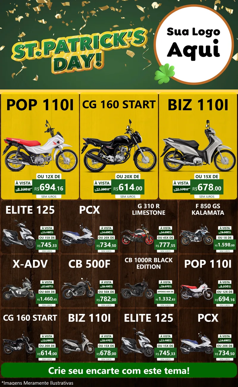 Modelo de Encarte para Encarte Grande com o tema St Patriks Day para Concessionaria de Motos