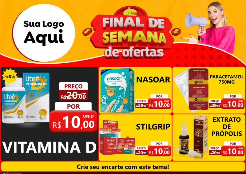 Modelo de Encarte para Encarte A4 Horizontal com o tema Final de Semana de Ofertas para Farmácia