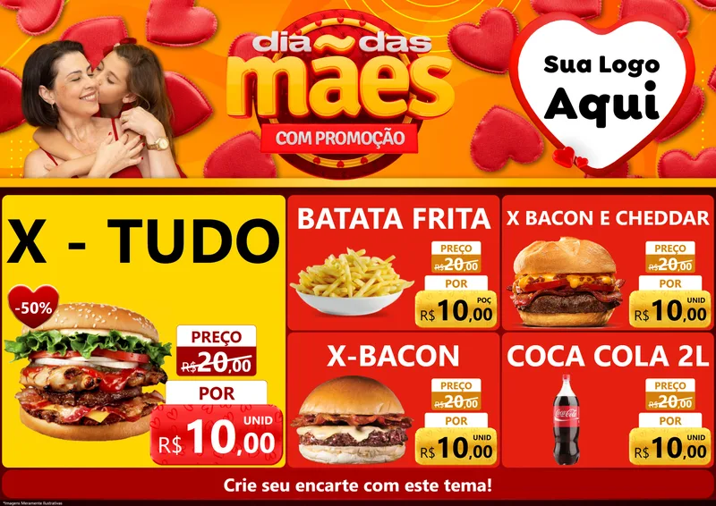 Modelo de Encarte para Encarte A4 Horizontal com o tema Dia das Mães com Promoção para Hamburgueria