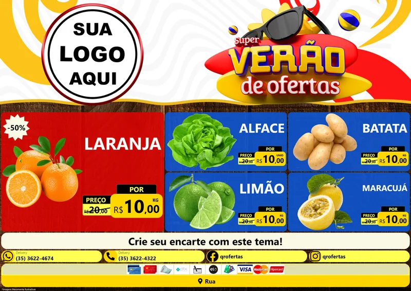 Modelo de Encarte para Encarte A4 Horizontal com o tema Super Verão de Ofertas para Hortifrúti