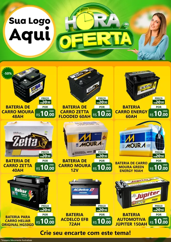 Modelo de Encarte para Encarte A4 Vertical com o tema Hora da Oferta para Baterias Elétricas