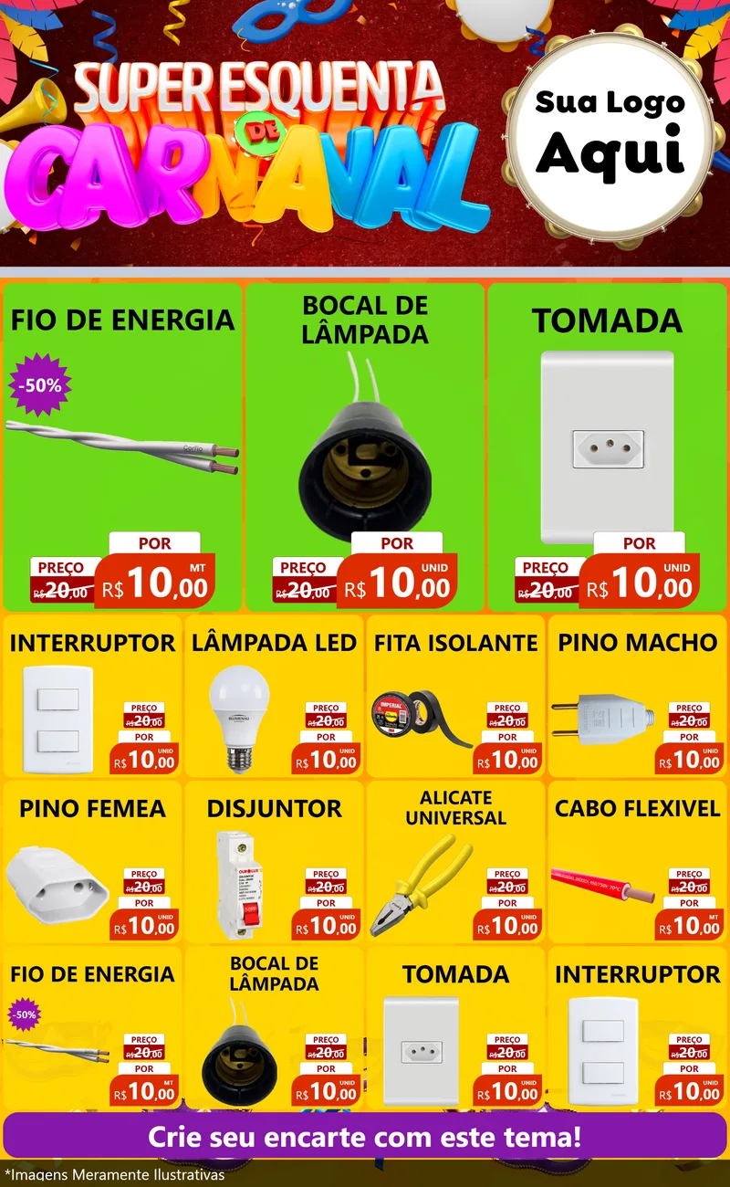 Modelo de Encarte para Encarte Grande com o tema Super Esquenta de Carnaval para Materiais Elétricos