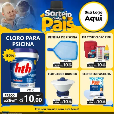 Modelo de Rede Social para Feed Facebook com o tema Sorteio Dia Dos Pais para Produtos para Piscina