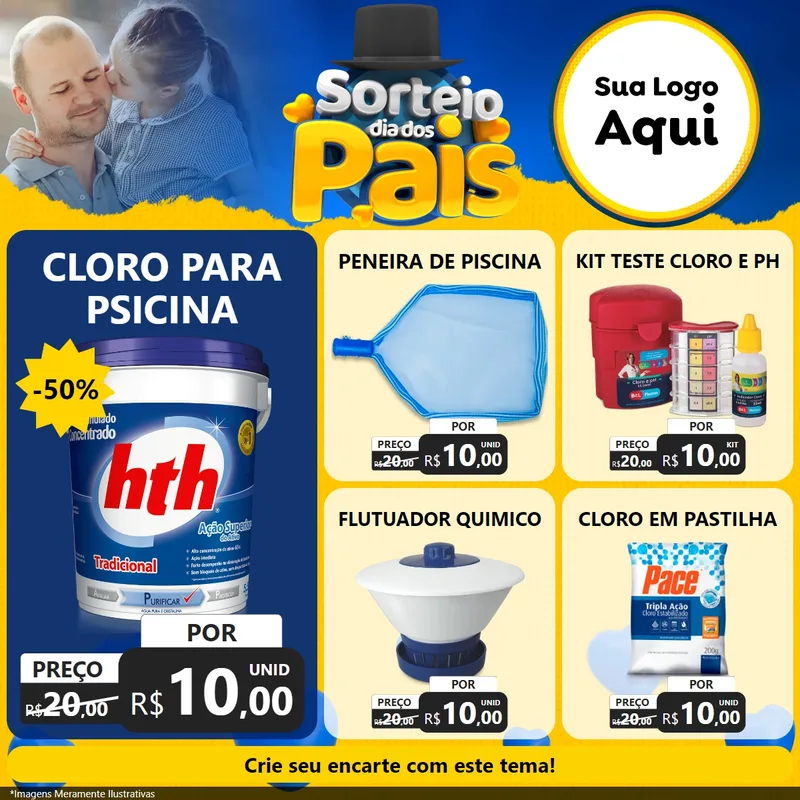 Modelo de Rede Social para Feed Facebook com o tema Sorteio Dia Dos Pais para Produtos para Piscina
