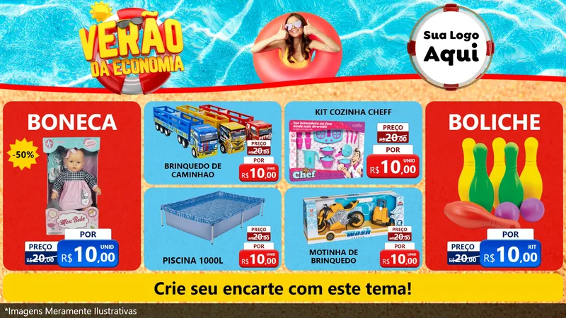 Modelo de TV para TV Horizontal com o tema Verão da Economia para Brinquedos