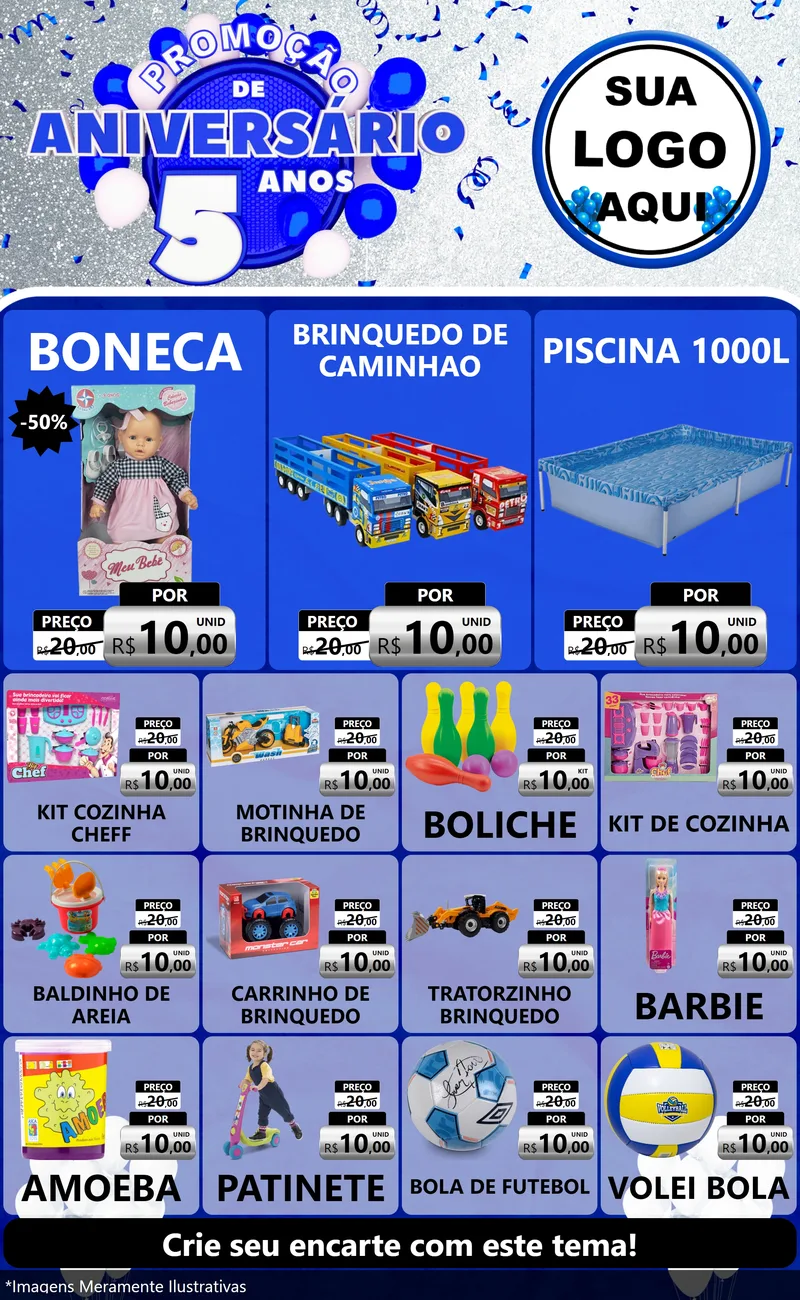 Modelo de Encarte para Encarte Grande com o tema Promoção de Aniversário - 5 Anos para Brinquedos