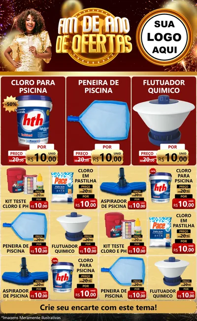 Modelo de Encarte para Encarte Grande com o tema Fim de Ano de Ofertas para Produtos para Piscina