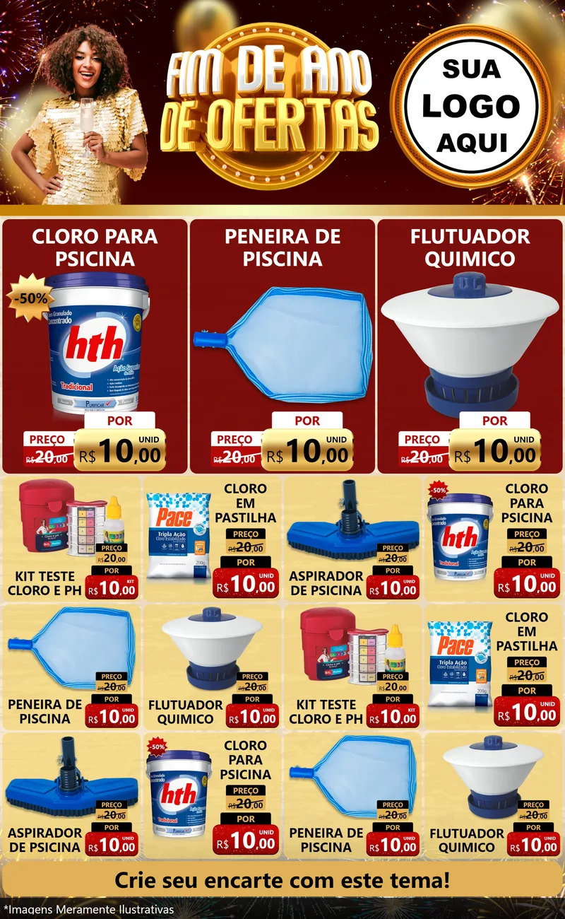 Modelo de Encarte para Encarte Grande com o tema Fim de Ano de Ofertas para Produtos para Piscina