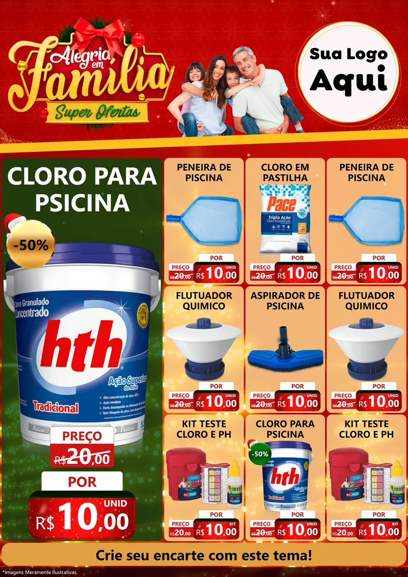 Modelo de Encarte para Encarte A4 Vertical com o tema Alegria em Família Super Ofertas - Natal para Produtos para Piscina