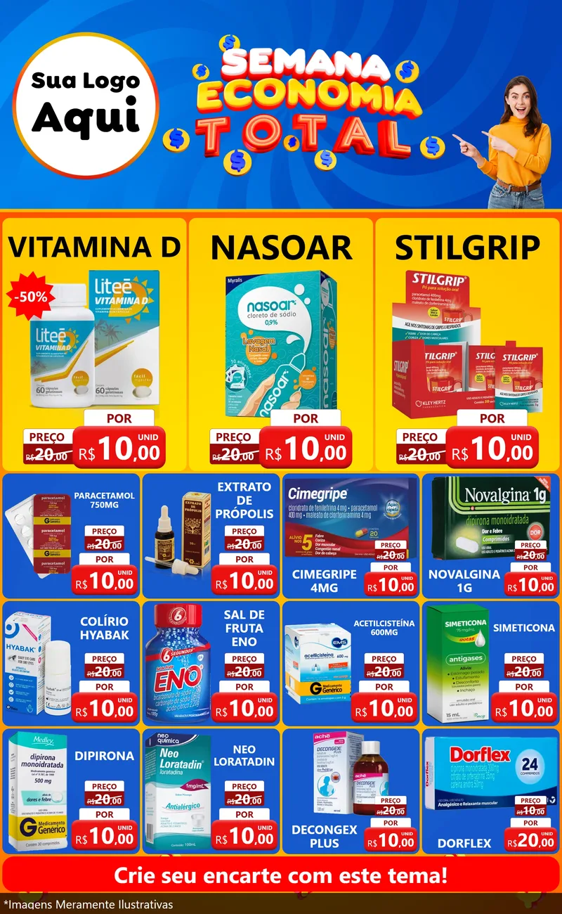 Modelo de Encarte para Encarte Grande com o tema Semana Economia Total para Farmácia