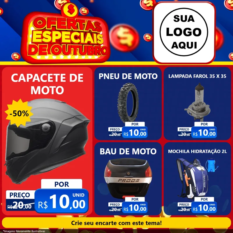 Modelo de Rede Social para Feed Facebook com o tema Ofertas Especiais de Outubro para Moto peças