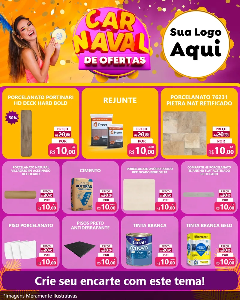 Modelo de Rede Social para Feed Instagram com o tema Carnaval de Ofertas para Pisos e revestimentos