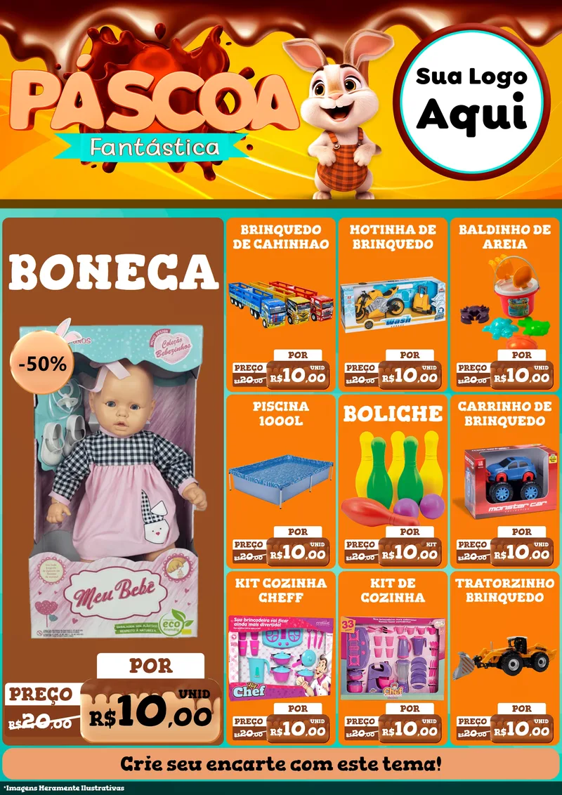 Modelo de Encarte para Encarte A4 Vertical com o tema Páscoa Fantástica para Brinquedos