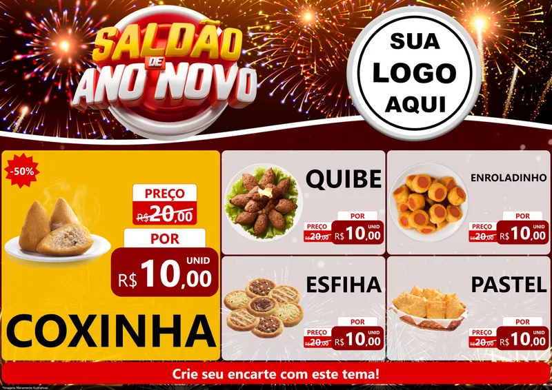 Modelo de Encarte para Encarte A4 Horizontal com o tema Saldão de Ano Novo para Salgadaria