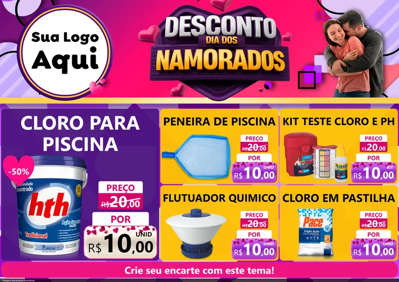 Modelo de Encarte para Encarte A4 Horizontal com o tema Desconto Dia dos Namorados para Produtos para Piscina