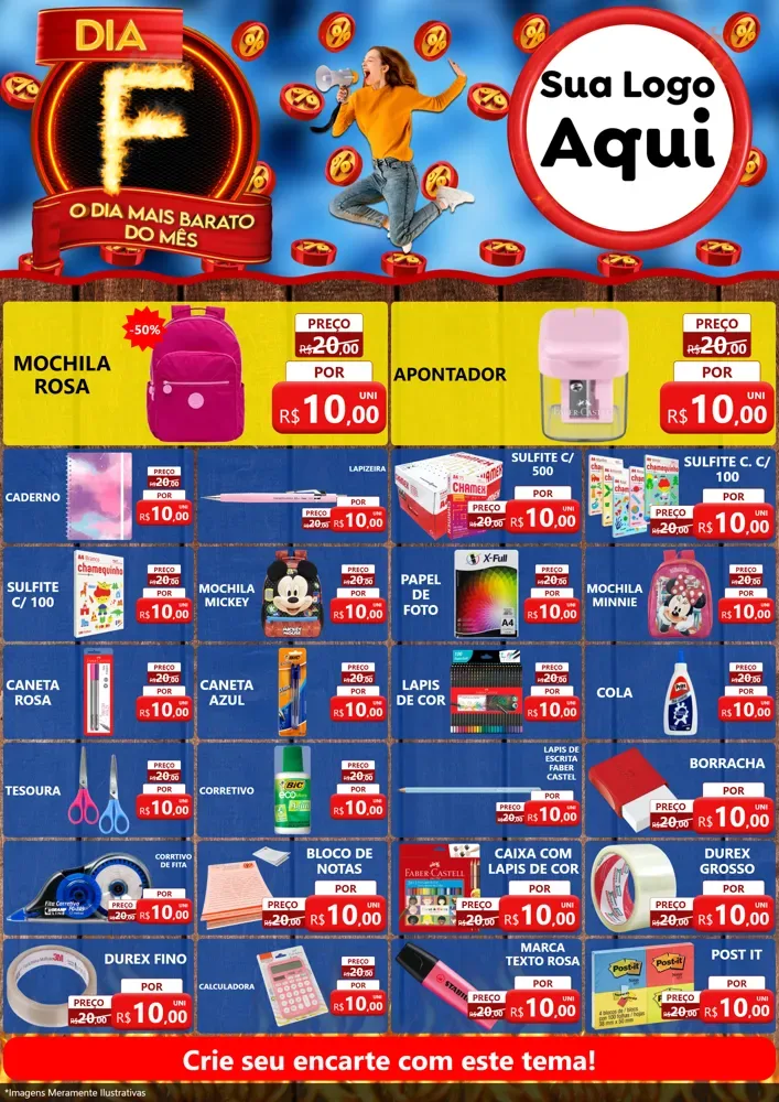 Modelo de Encarte para Encarte A4 Vertical com o tema Dia F - O Dia Mais Barato Do Mês para Papelaria
