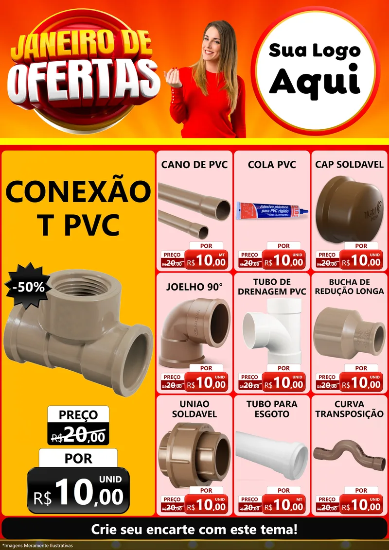 Modelo de Encarte para Encarte A4 Vertical com o tema Janeiro de Ofertas para Tubos e conexões
