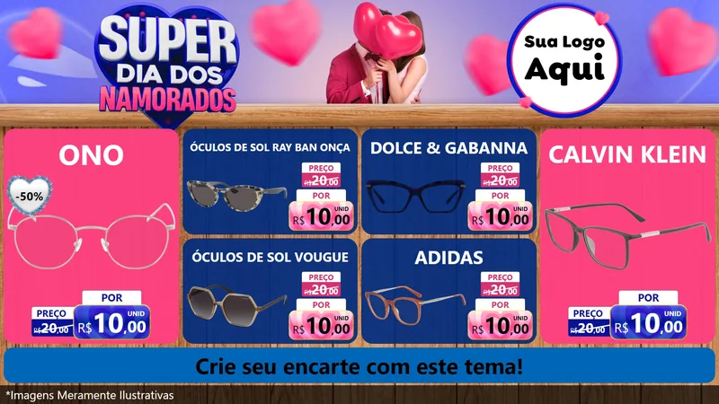 Modelo de TV para TV Horizontal com o tema Super Dia dos Namorados para Óticas