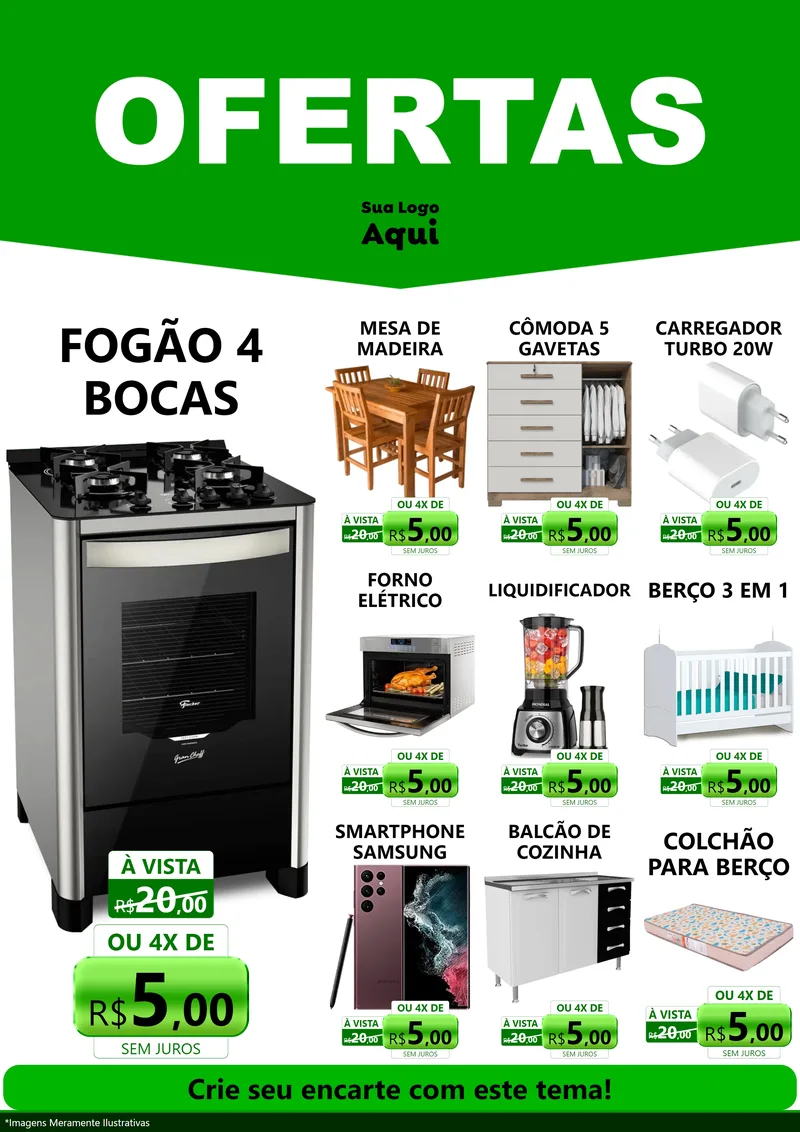 Modelo de Encarte para Encarte A4 Vertical com o tema Ofertas Verde Cartaz para Móveis e Eletro