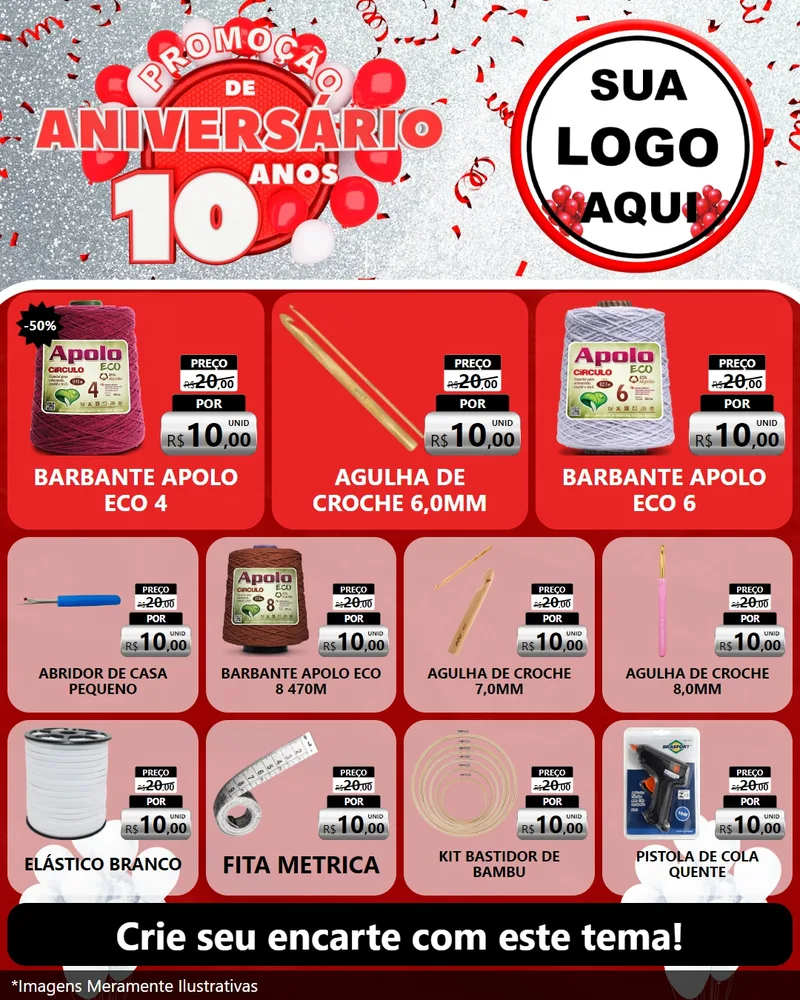 Modelo de Rede Social para Feed Instagram com o tema Promoção de Aniversário - 10 Anos para Armarinho e Aviamentos