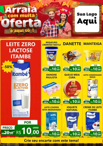Modelo de Encarte para Encarte A4 Vertical com o tema Arraiá Com Muita Oferta - É Aqui Sô! para Frios e Laticínios