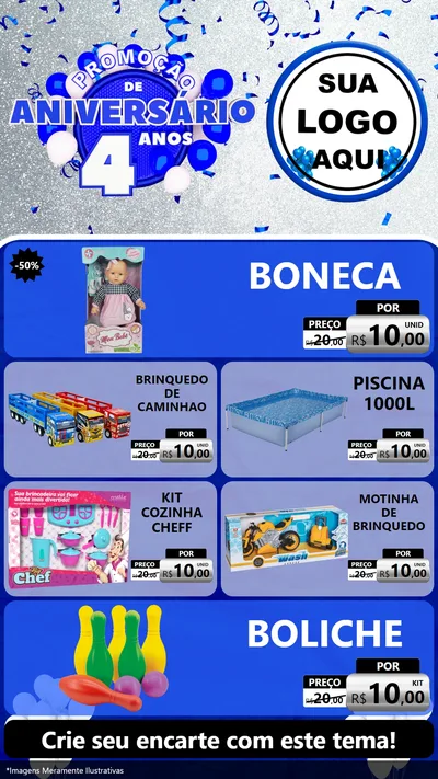 Modelo de TV para TV Vertical com o tema Promoção de Aniversário - 4 Anos para Brinquedos