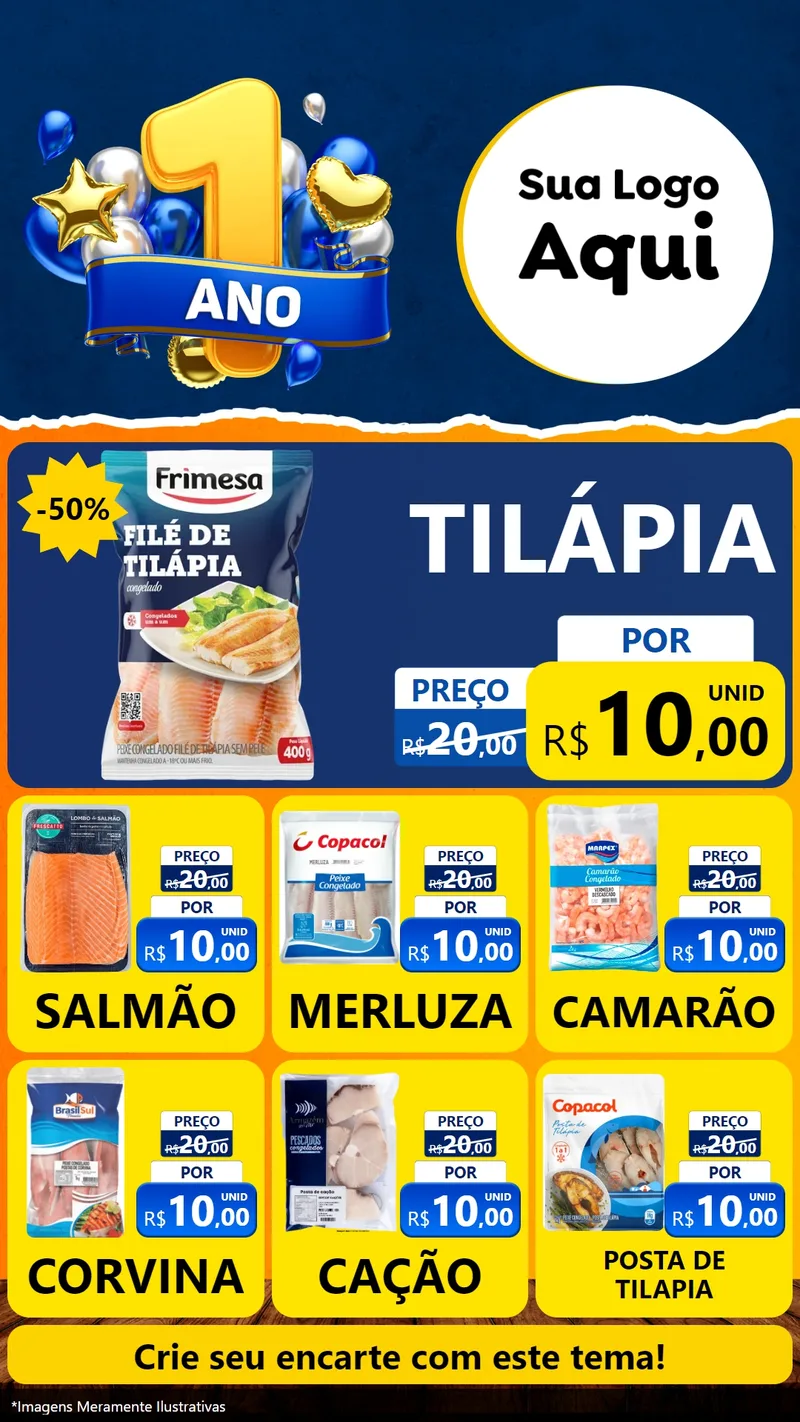Modelo de Rede Social para Stories com o tema Um Ano de Aniversário para Peixaria