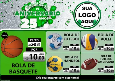 Modelo de Encarte para Encarte A4 Horizontal com o tema Promoção de Aniversário - 25 Anos para Artigos Esportivos