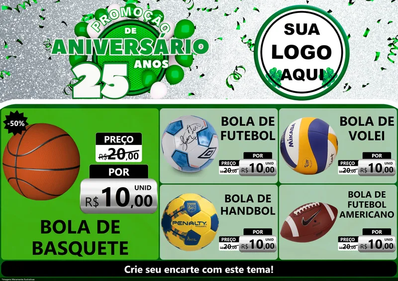 Modelo de Encarte para Encarte A4 Horizontal com o tema Promoção de Aniversário - 25 Anos para Artigos Esportivos