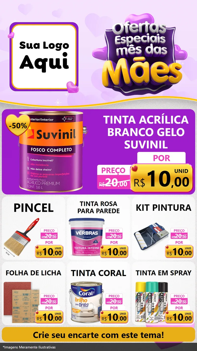 Modelo de Rede Social para Stories com o tema Ofertas Especiais - Mês das Mães para Tintas e Ferramentas