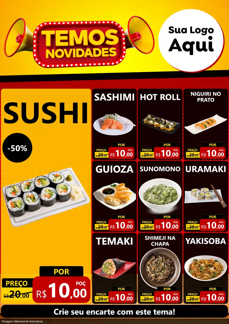 Modelo de Encarte para Encarte A4 Vertical com o tema Temos Novidades para Comida japonesa