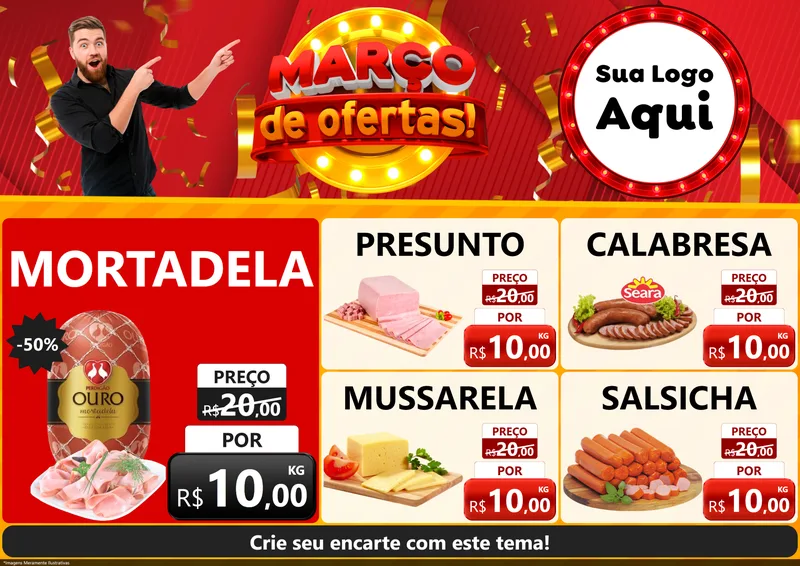 Modelo de Encarte para Encarte A4 Horizontal com o tema Março de Ofertas! para Frios e Laticínios