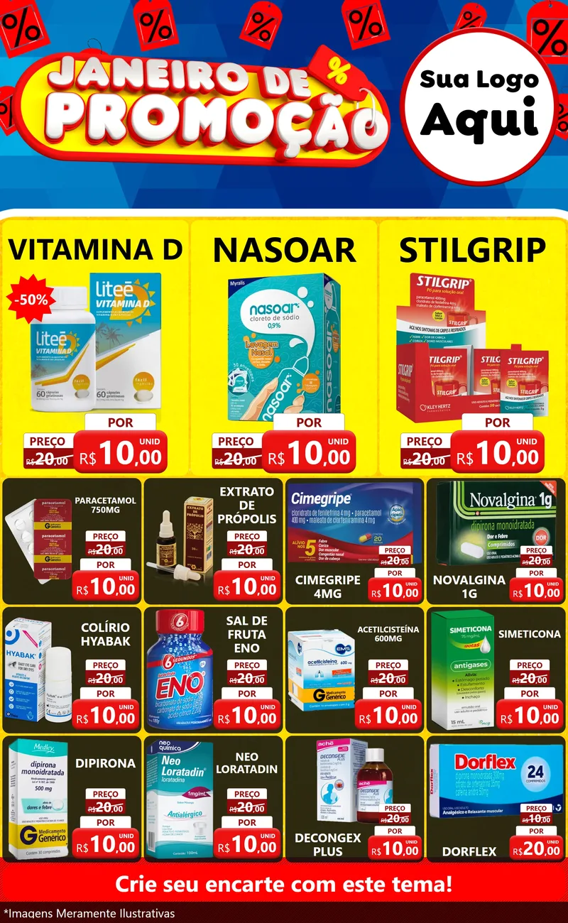 Modelo de Encarte para Encarte Grande com o tema Janeiro de Promoção para Farmácia