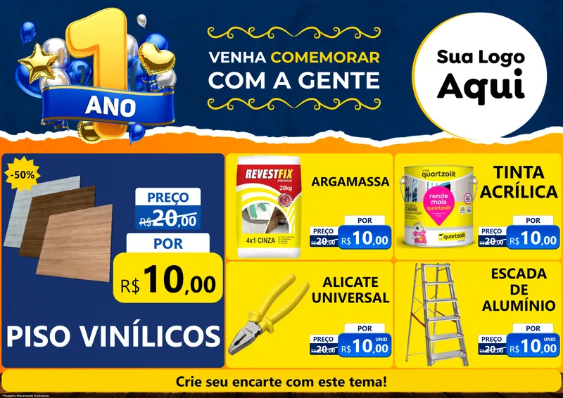 Modelo de Encarte para Encarte A4 Horizontal com o tema Um Ano de Aniversário para Material para Construção