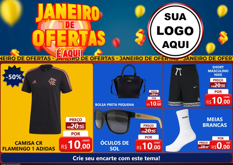 Modelo de Encarte para Encarte A4 Horizontal com o tema Janeiro de Ofertas É Aqui! para Roupas e acessórios