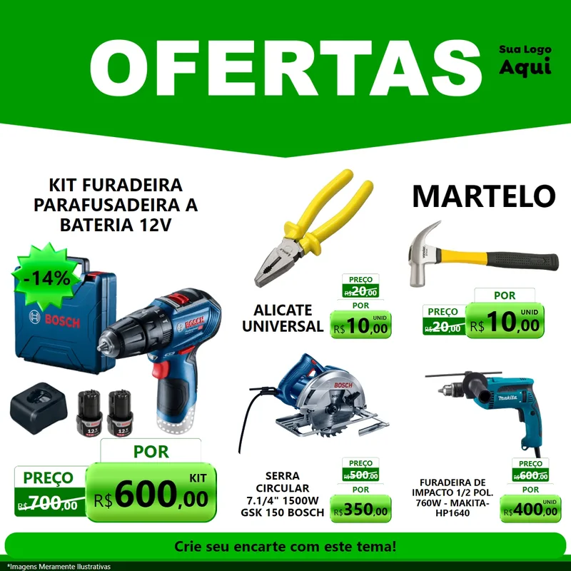 Modelo de Rede Social para Feed Facebook com o tema Ofertas Verde Cartaz para Maquinas e Ferramentas