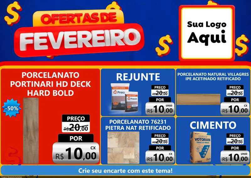 Modelo de Encarte para Encarte A4 Horizontal com o tema Ofertas de Fevereiro para Pisos e revestimentos
