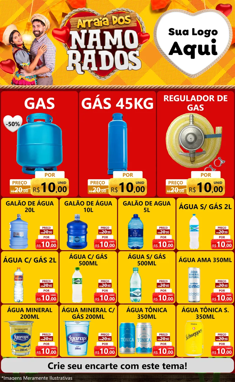 Modelo de Encarte para Encarte Grande com o tema Arraiá dos Namorados para Água e gás