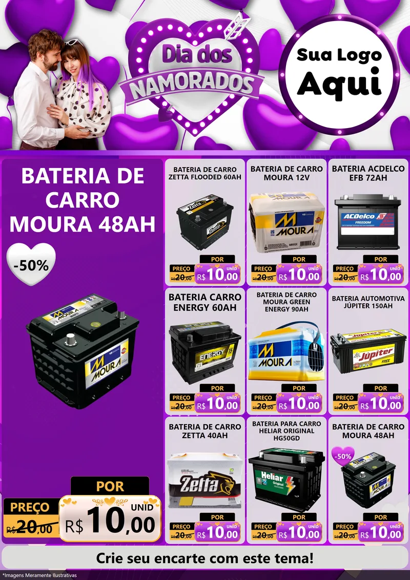 Modelo de Encarte para Encarte A4 Vertical com o tema Dia dos Namorados para Baterias Elétricas