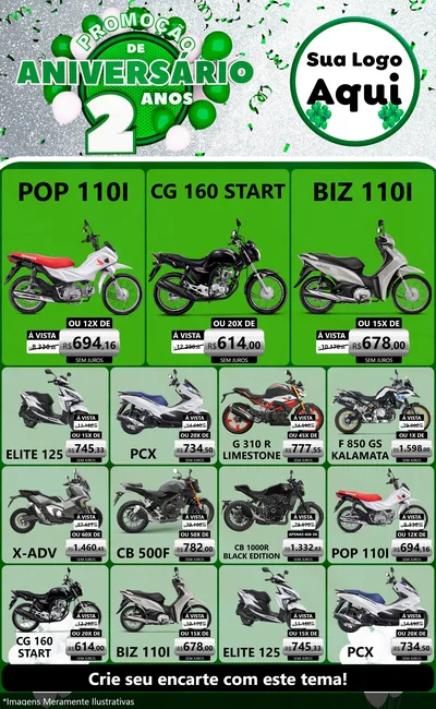 Modelo de Encarte para Encarte Grande com o tema Promoção de Aniversário - 2 Anos para Concessionaria de Motos