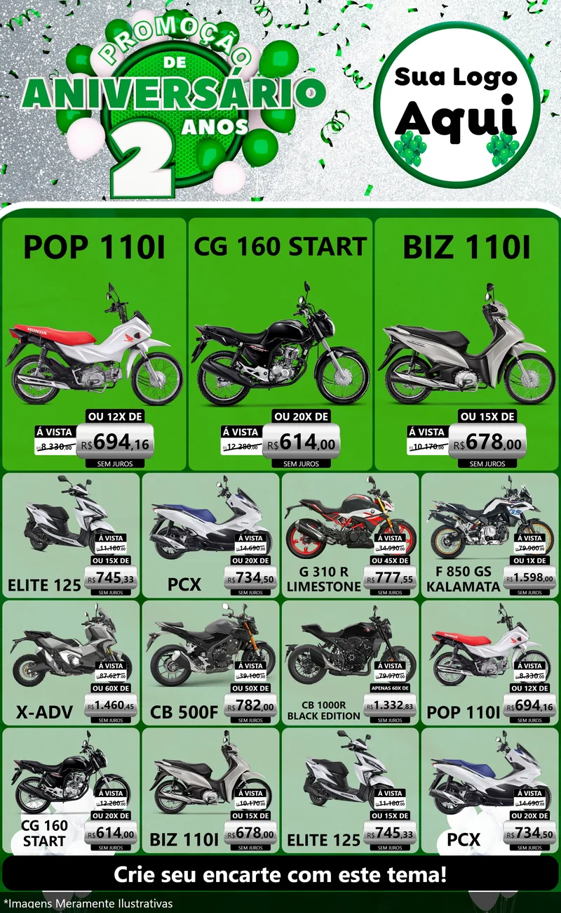 Modelo de Encarte para Encarte Grande com o tema Promoção de Aniversário - 2 Anos para Concessionaria de Motos